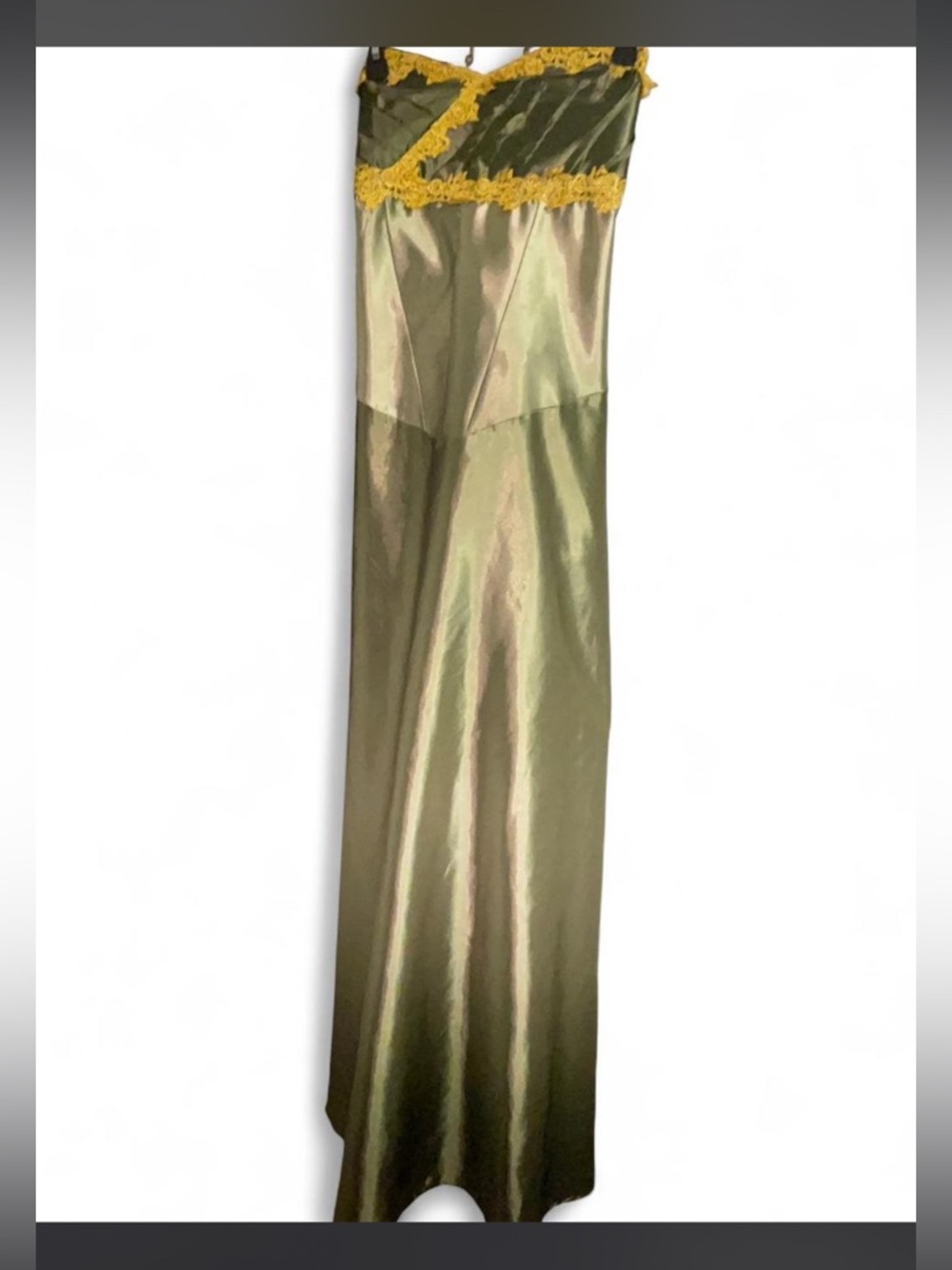 Olive Satin Slip Dress with Yellow Lace Trim